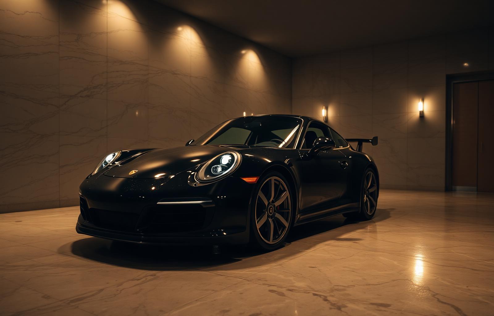 A black luxury car resting in a private marble garage
